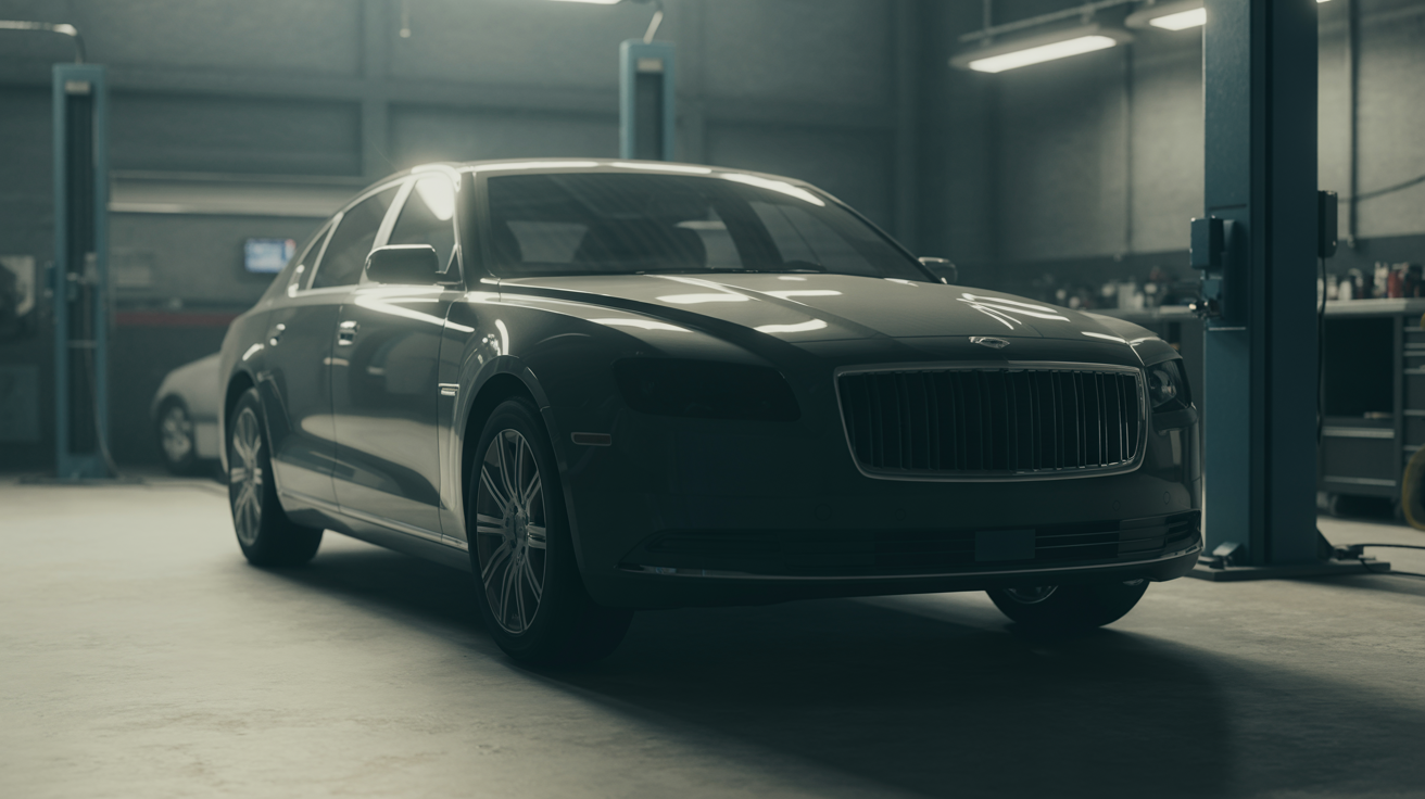 Premium vehicle inside a professional auto body repair shop with dramatic lighting